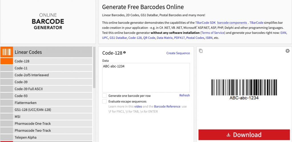 A screenshot of Barcode TEC-IT's generator tool