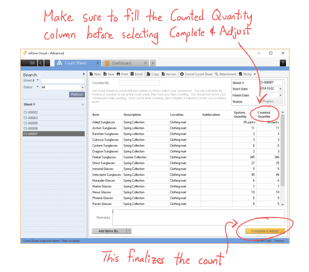 A screenshot of inFlow's count sheet, highlighting the Counted Quantity column to fill out, and the Complete & Adjust button to finish the cycle count