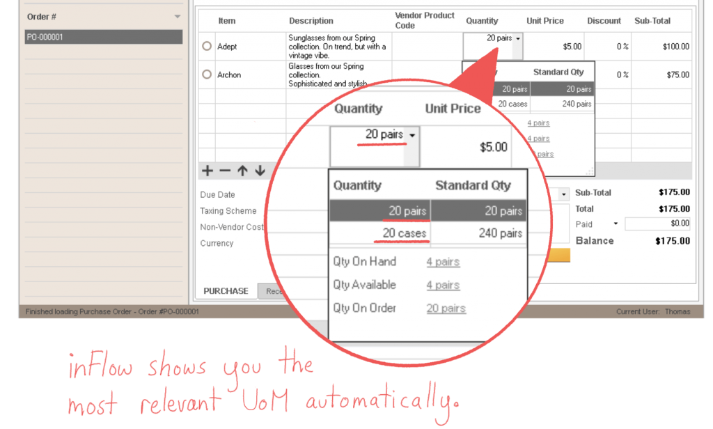 Screenshot of inFlow's purchase order. inFlow shows you the most relevant UoM automatically. 
