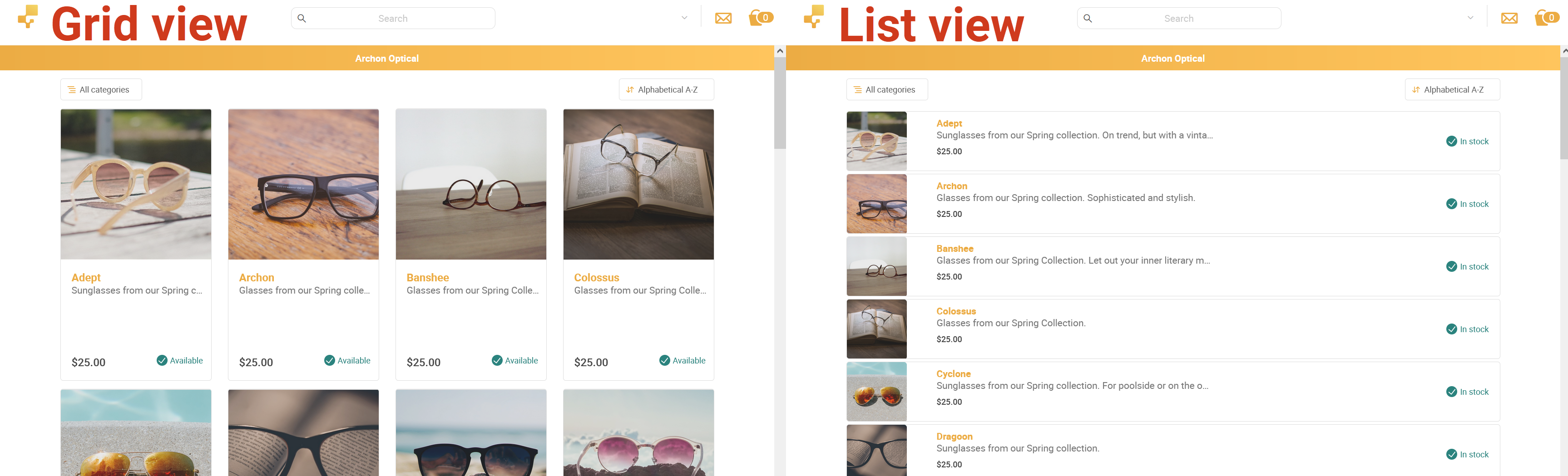 Showroom product view options. To the left is Grid View, and to the right is the List view. 