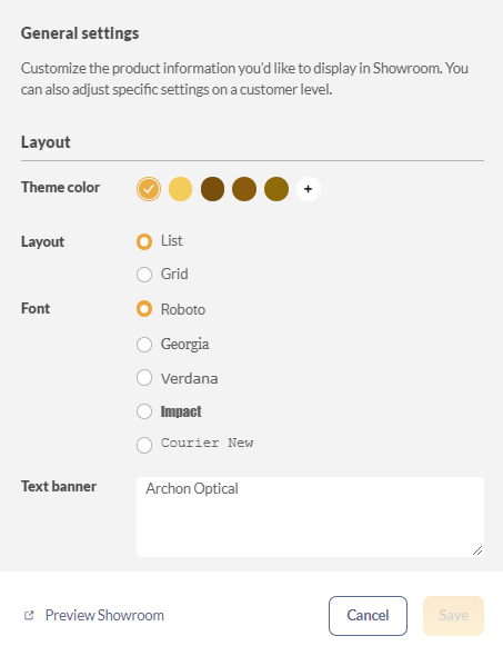 Showroom settings, where you can customize the color scheme.