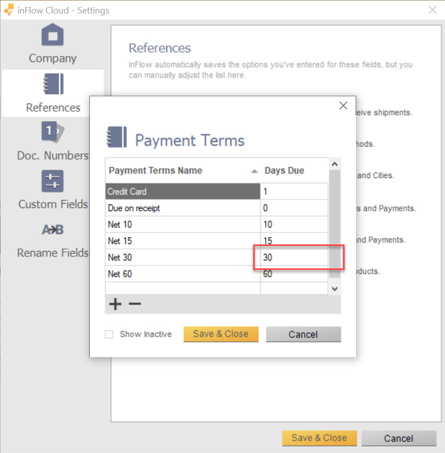 Payment terms settings in inFlow Cloud for Windows.