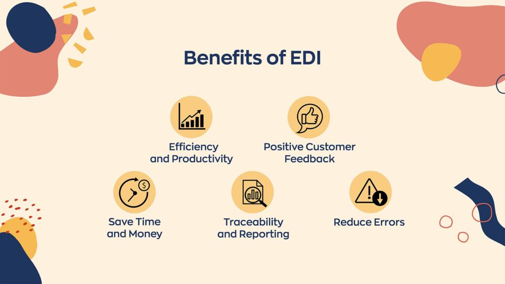 Some benefits of EDI integration are increasing efficiency and productivity, positive customer feedback, saving time and money, better traceability and reducing errors.