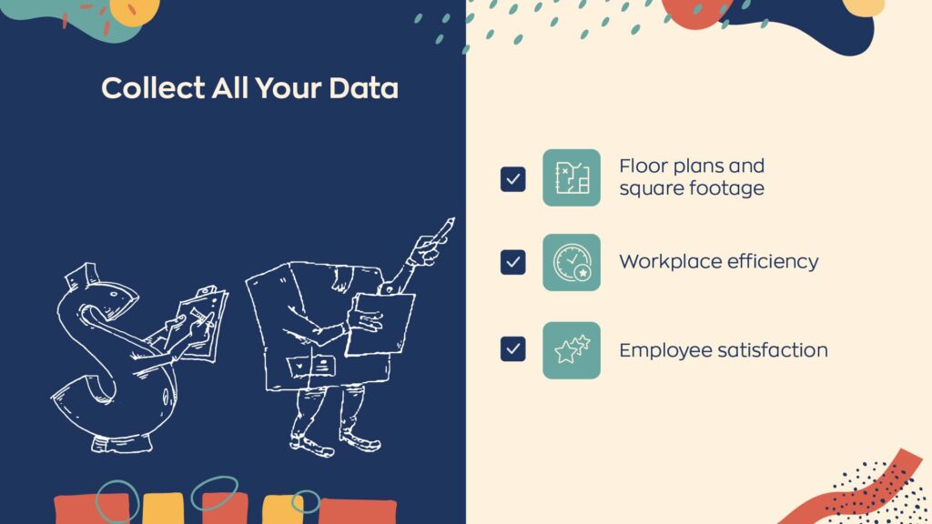 Collect all your data. Floor plans and square footage, workplace efficiency, and employee satisfaction. 