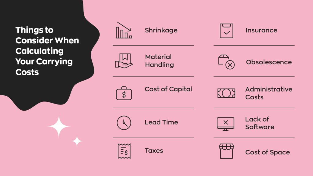 Things to Consider When Calculating Your Carrying Costs:  1. Shrinkage
2. Material Handling
3. Cost of Capital
4. Lead Time
5. Taxes
6. Insurance
7. Obsolescence
8. Administrative Costs
9. Lack of Software
10. Cost of Space