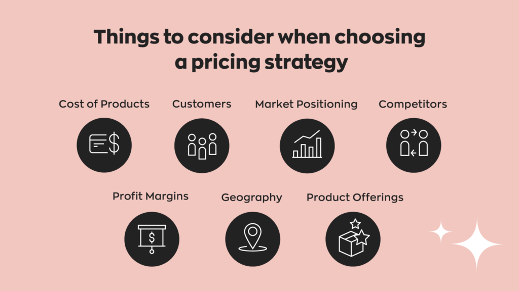 Things to Consider When Choosing  Pricing Strategies:
1. Cost of Products
2. Customers
3. Market Positioning
4. Competitors
5. Profit Margins
6. Geography
7. Product Offerings
