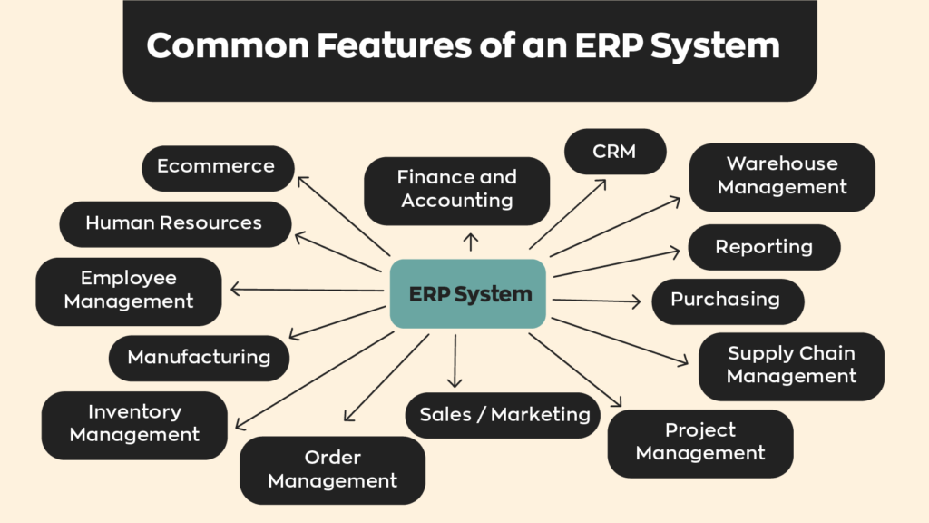 Common Features of an ERP System:  1. Finance and Accounting
2. Human Resources
3. Purchasing
4. Manufacturing
5. Inventory Management
6. Order Management
7. Warehouse Management
8. Employee Management
9. Supply Chain Management
10. CRM
11. Project Management
12. Reporting
13. Sales/Marketing
14. Ecommerce