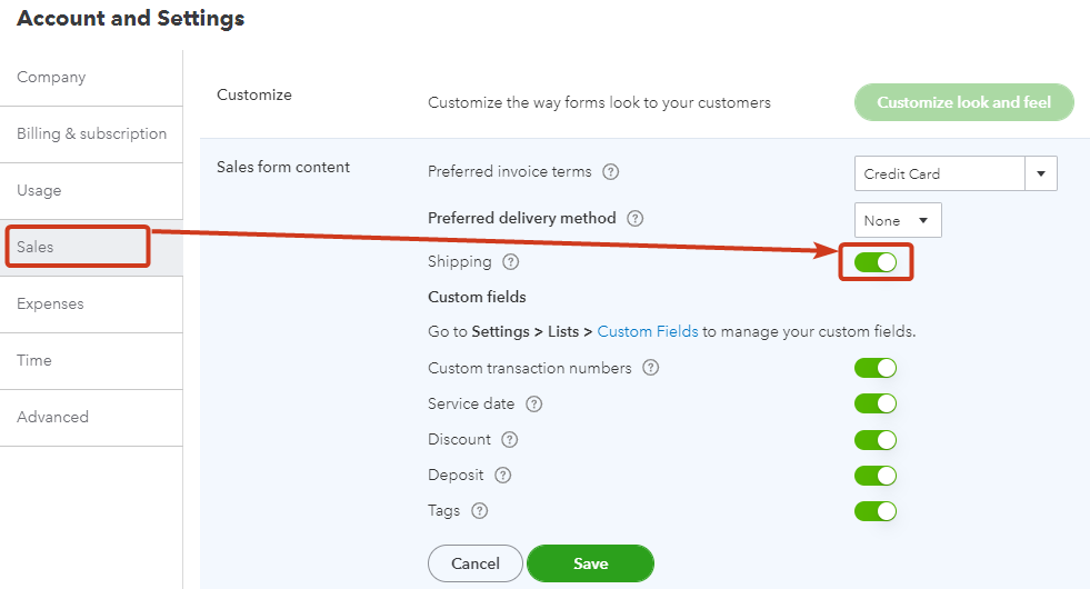 Quickbooks Online Account and Settings page, with arrow point to Shipping toggle inside the Sales tab