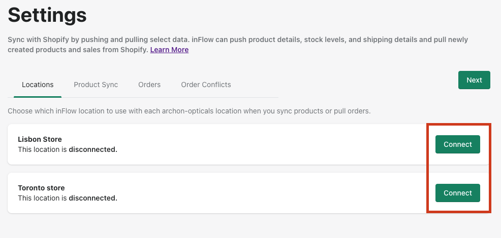 inFlow Connector app settings page. Highlighting locations from the Shopify store that can connect to inFlow Cloud