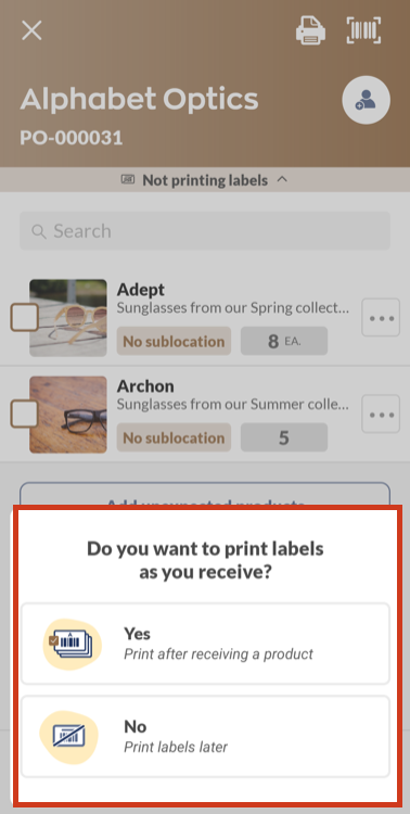 inFlow mobile app label printing