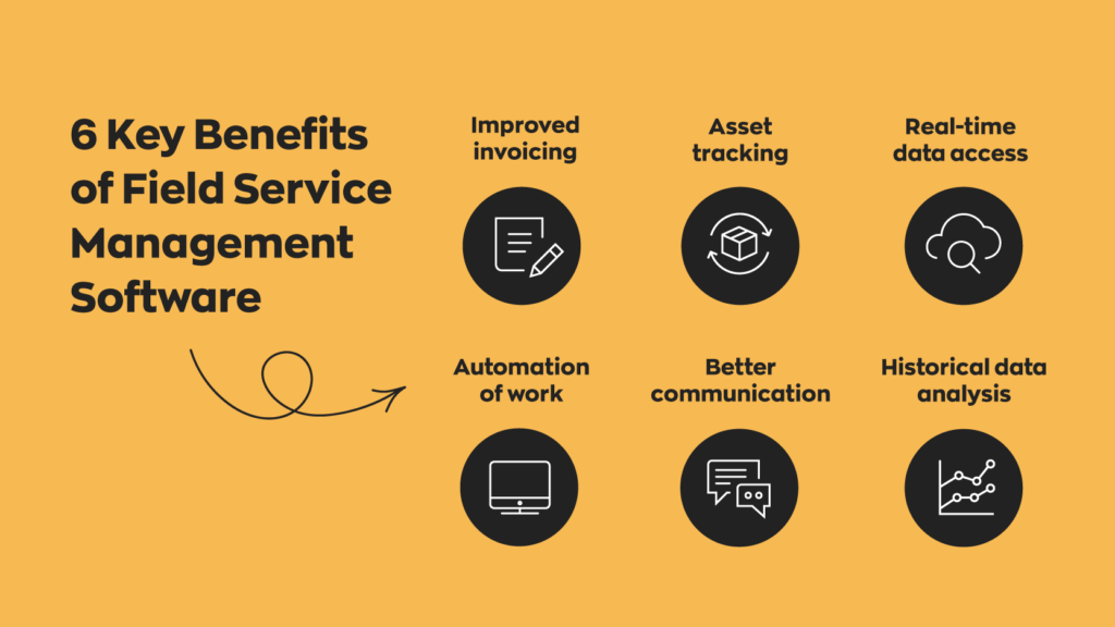 6 Key Benefits of Field Service Management Software: 
1. Improved invoicing 
2. Asset tracking
3. Real-time data access 
4. Automation of work
5. Better communication
6. Historical data analysis 
