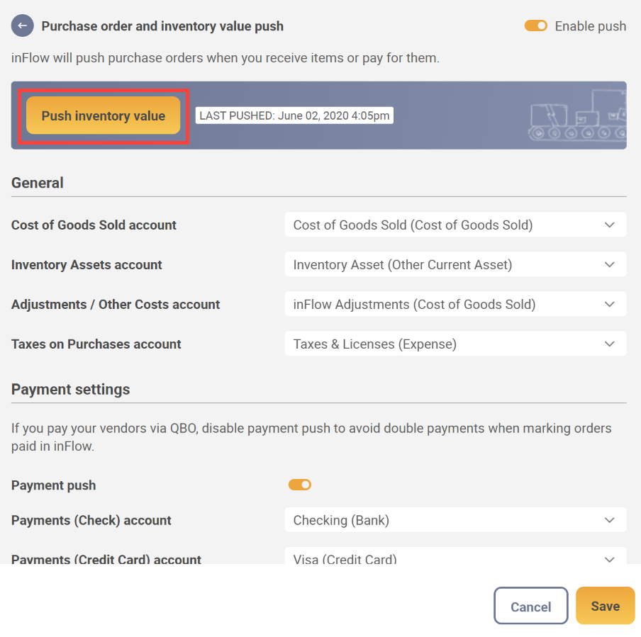 QuickBooks Online integration setup. Push inventory value button